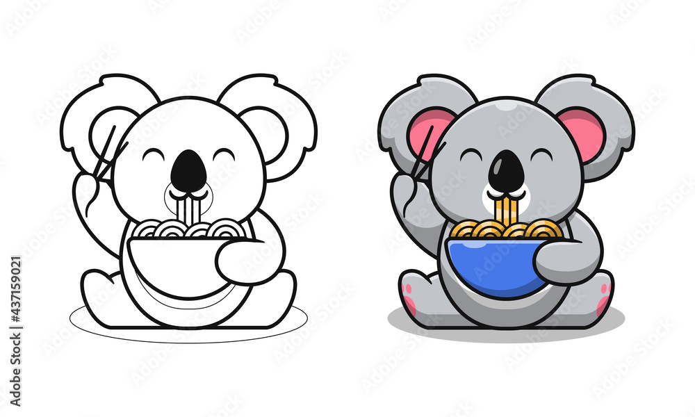 Cute koala eating noodles cartoon coloring pages for kids vector