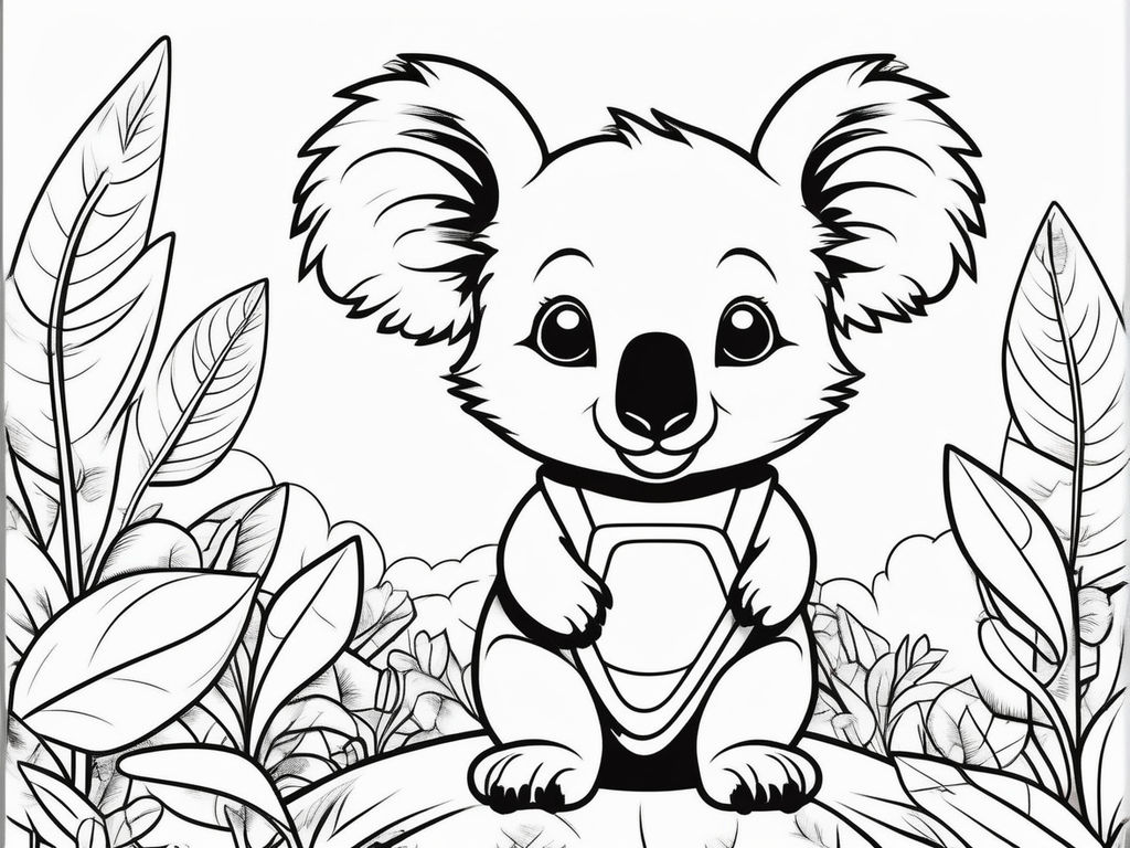 D outline simple vector monochrome picture despicting a cute koala in a natural enviroment for a coloring book