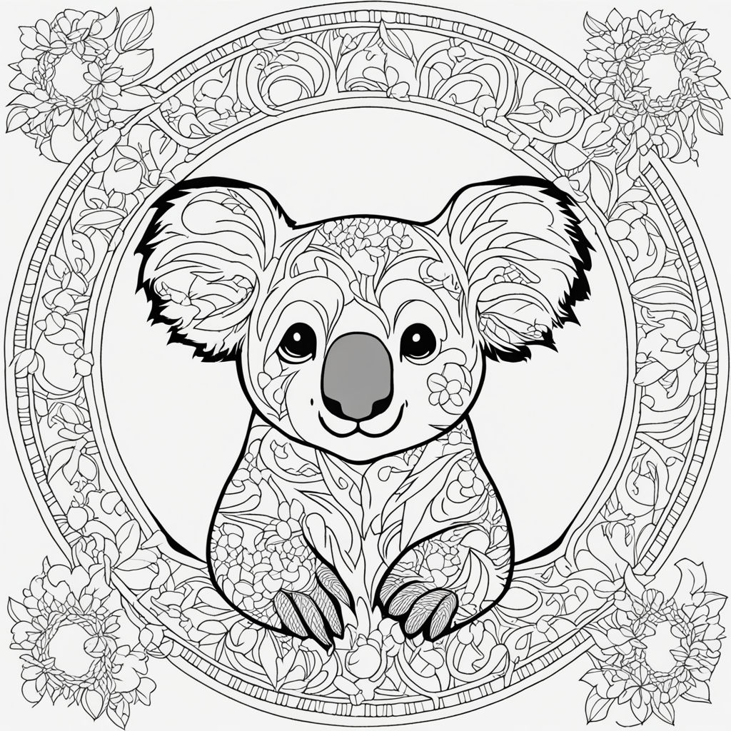 D outline simple vector monochrome picture despicting a cute koala in a natural enviroment for a coloring book