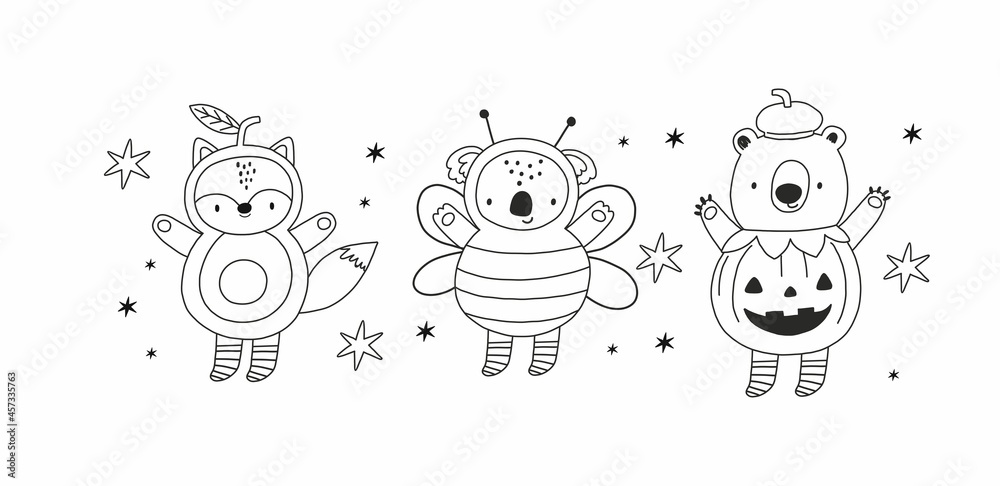 Cute halloween coloring page for kids vector illustrations awesome animals