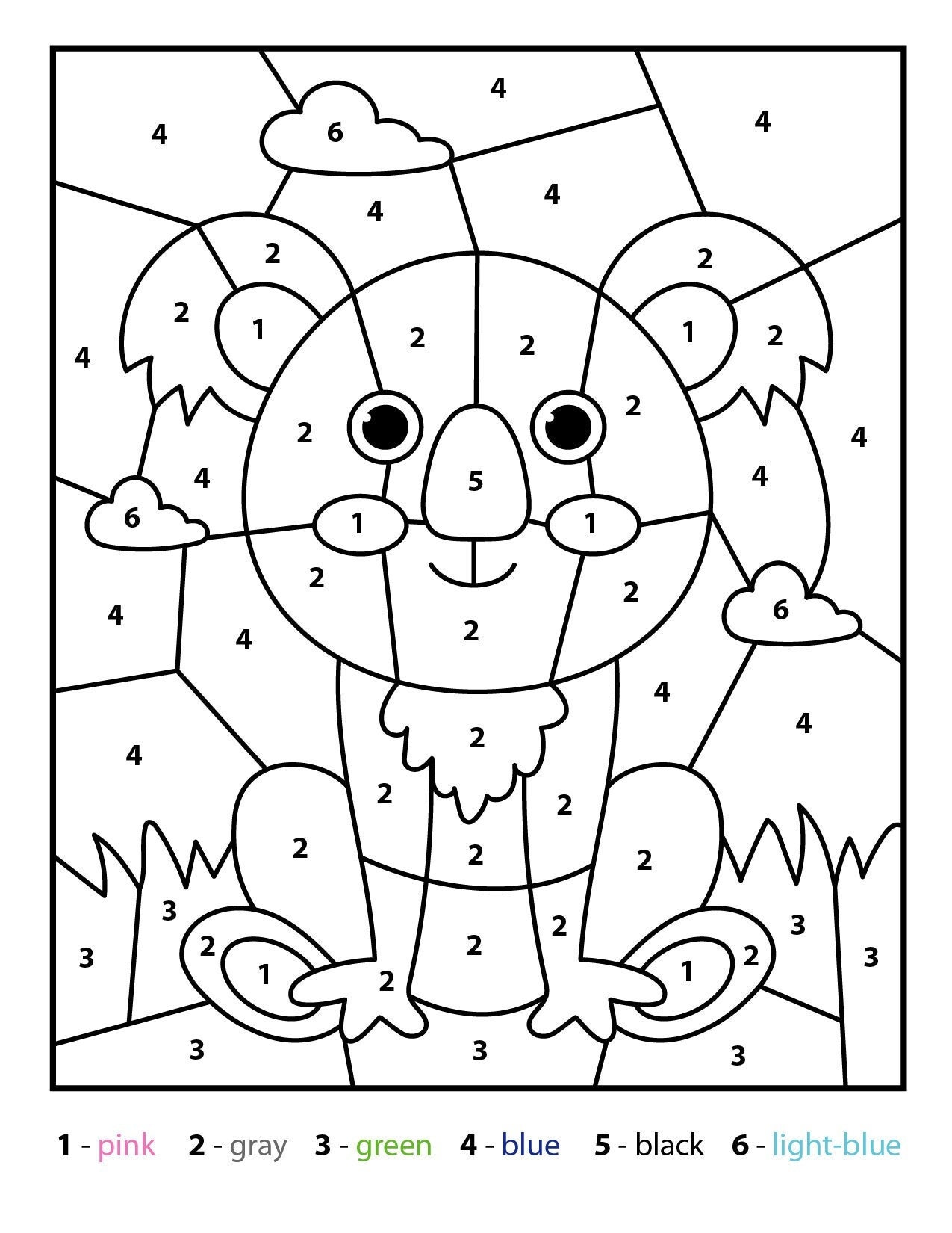 Koala color by number kids printable various theme coloring pages for preschool and kindergarten instant digital pdf download