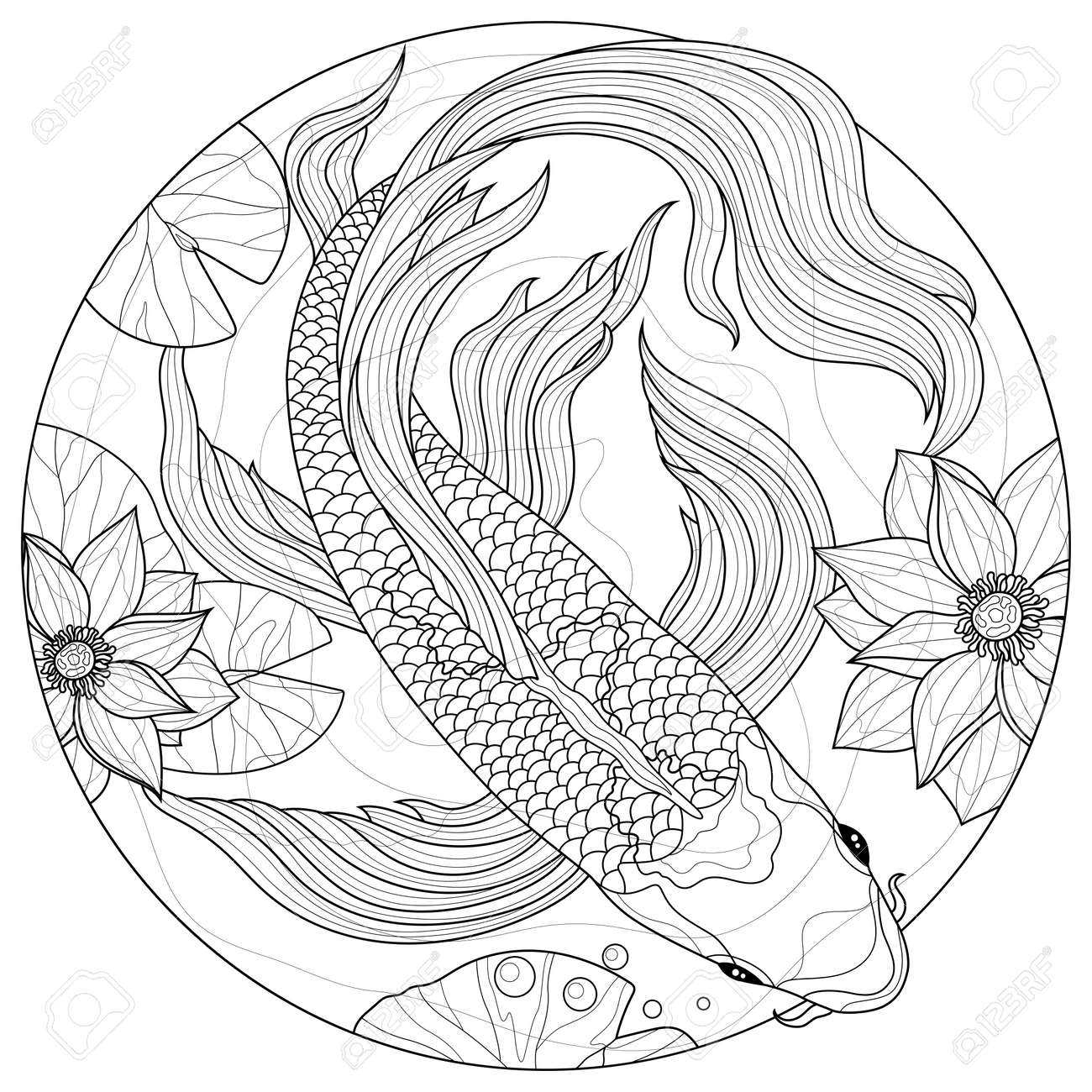 Koi carp fish and lotusescoloring book antistress for children and adults royalty free svg cliparts vectors and stock illustration image