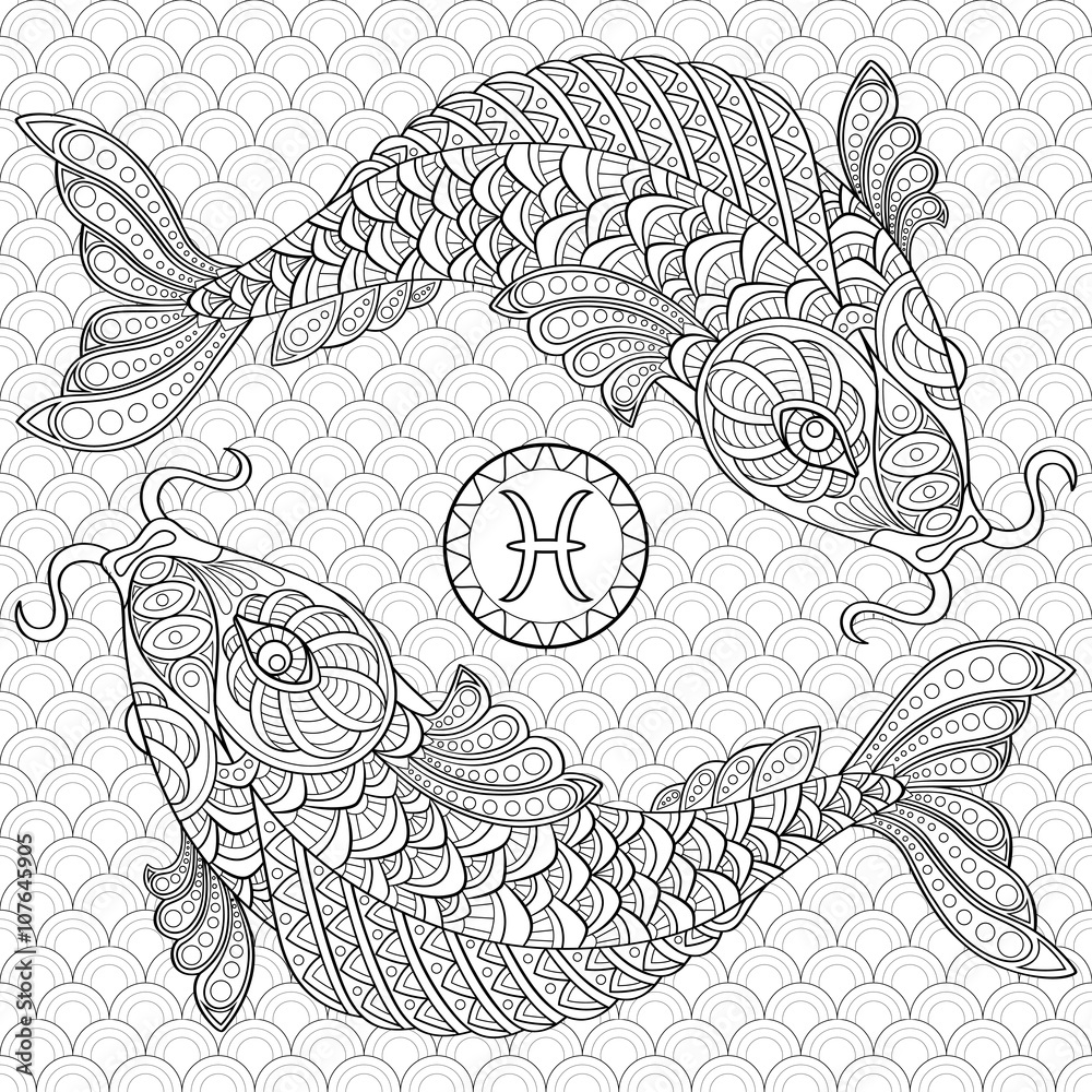 Pisces koi fish chinese carps adult antistress coloring page black and white hand drawn doodle for coloring book vector