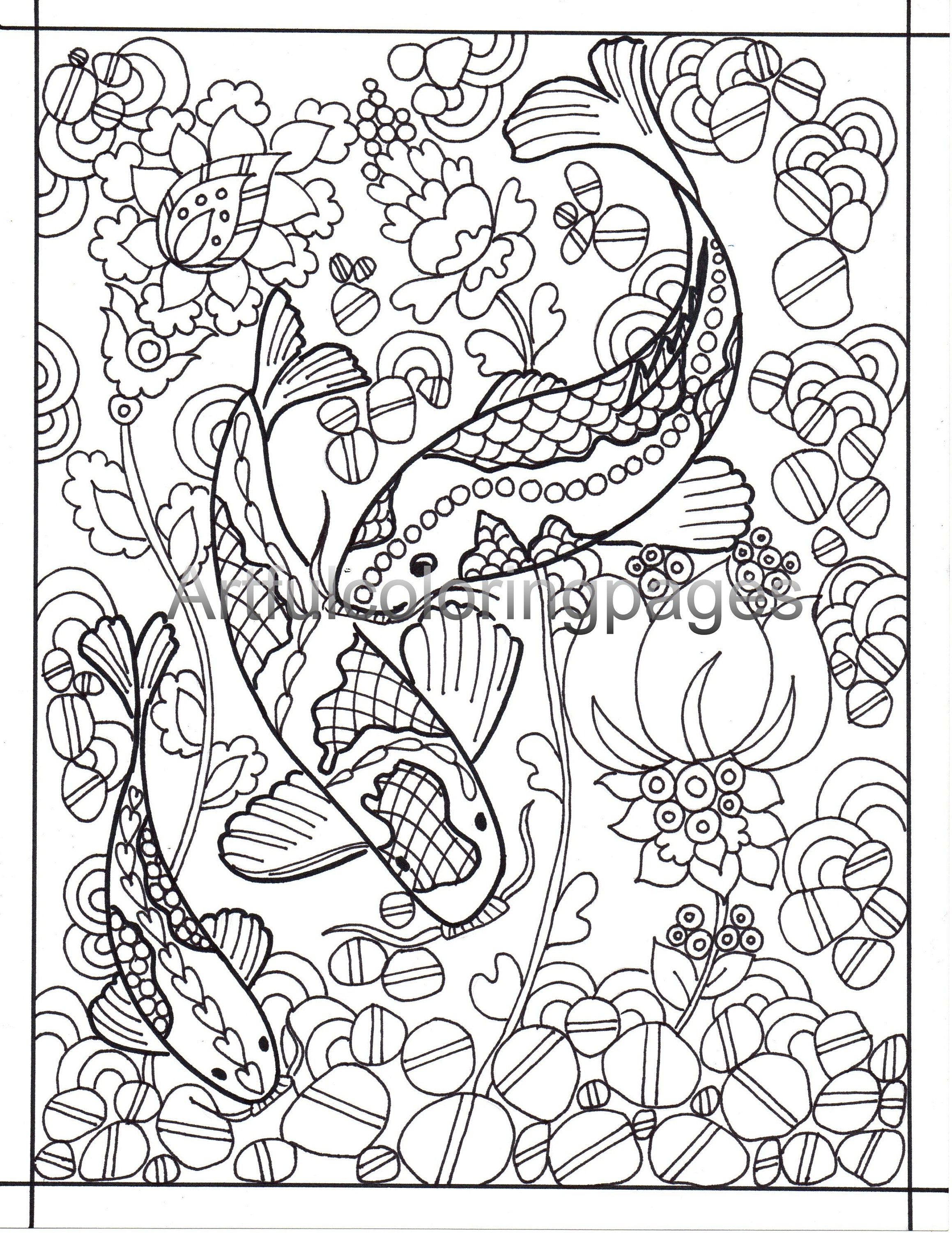 Adult coloring pages koi fish coloring pages nature coloring pages printables instant download instant download