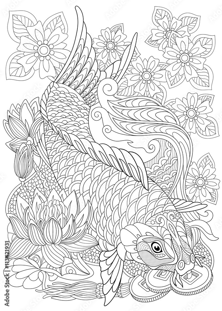 Zentangle stylized cartoon koi carp isolated on white background hand drawn sketch for adult antistress coloring page t