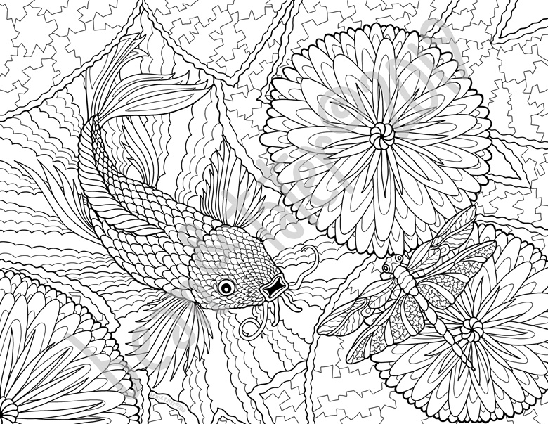 Koi and dragonfly coloring page