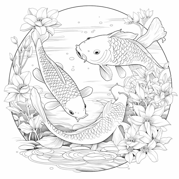 Premium ai image tranquil waters coloring book for adults with cartoon koi fish