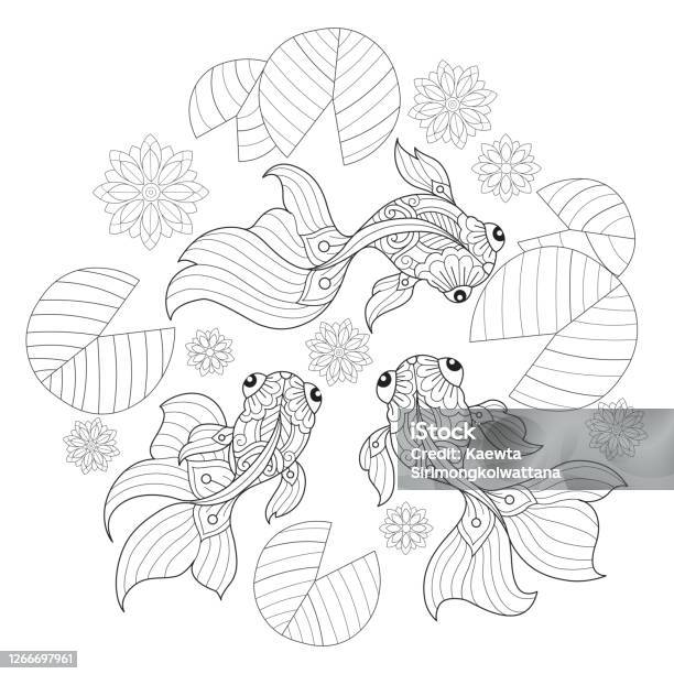 Doodle goldfish tangles adult coloring page illustration tangle style stock illustration