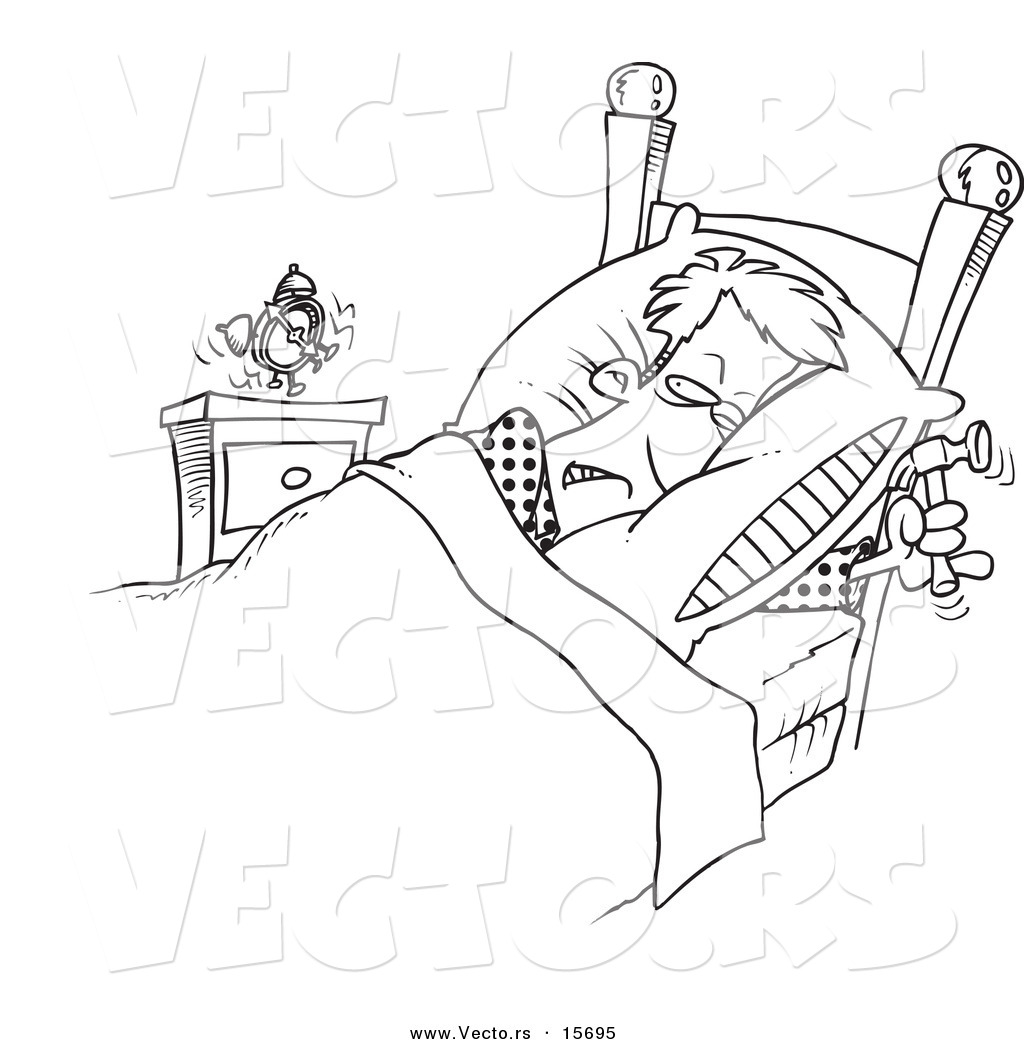 R of a cartoon man ready to beat an alarm clock with a hammer
