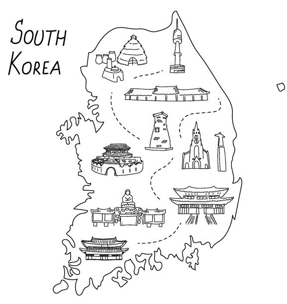 South korea outline doodle illustrated map the most famous korean landmarks temples and buildings stock illustration