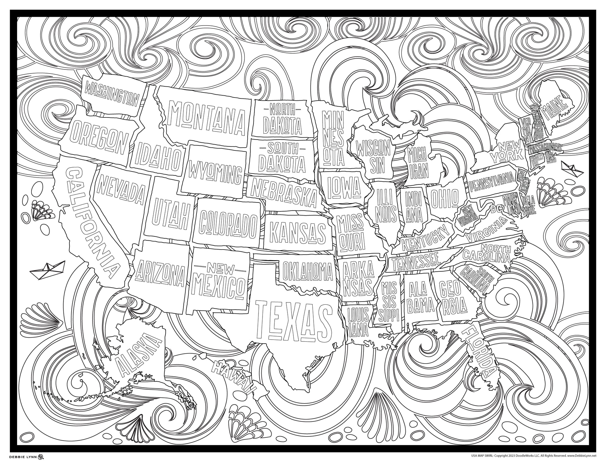 Usa map swirl giant coloring poster â debbie lynn