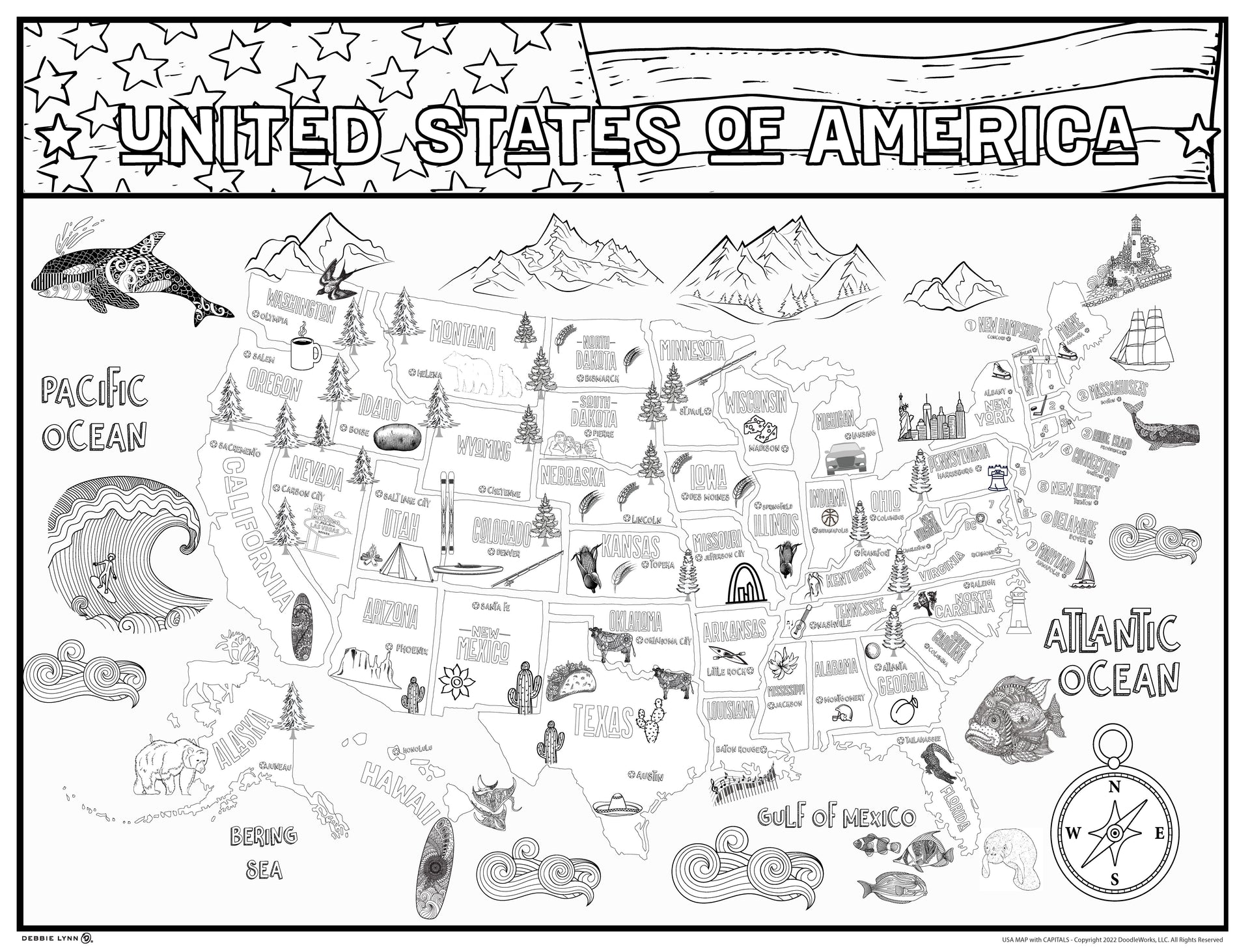 Us map with capitols personalized giant coloring poster x â debbie lynn