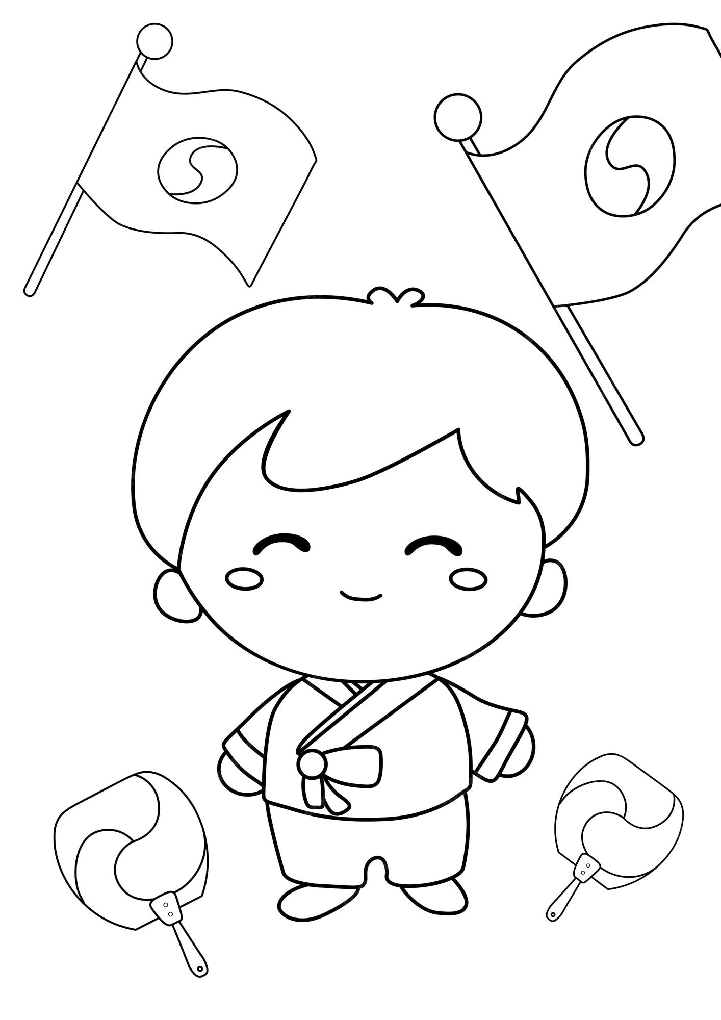 Premium vector korean kids people with traditional hanbok fashion coloring pages for kids and adult