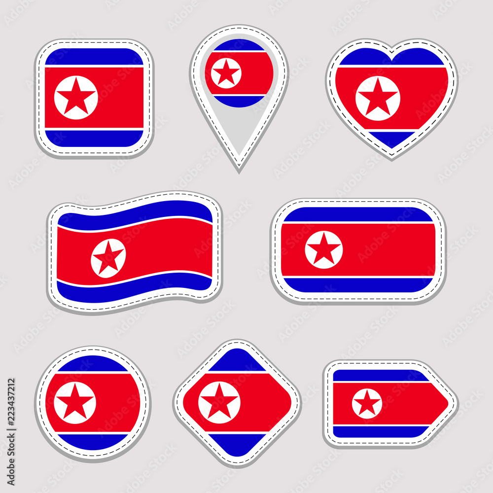 North korea flag vector set north korean flags stickers collection isolated geometric icons dprk national symbol badge web sport page patriotic travel school design elements different shapes vector