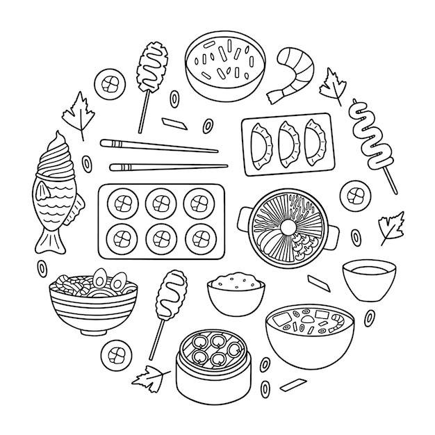 Premium vector korean food doodle set asian cuisine in sketch style