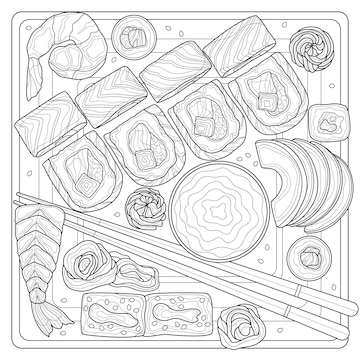 Premium vector sushi setfoodcoloring book antistress for children and adults illustration isolated on white backgroundblack and white drawing