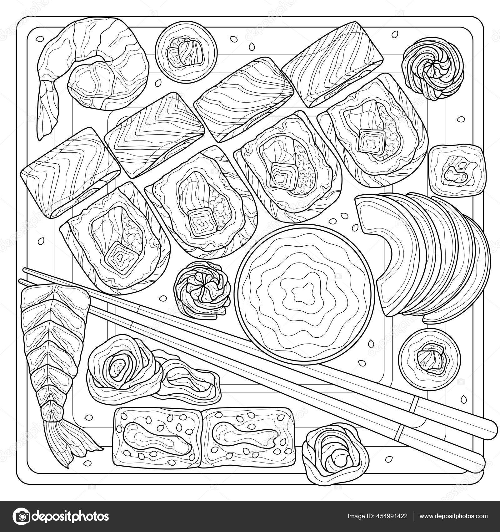 Sushi set food coloring book antistress children adults illustration isolated stock vector by vlasenkoekaterinkagmail