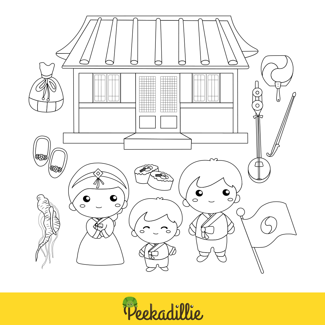 Korean couple family kids traditional tradition culture national hanbok hanok flag food music digital stamp outline