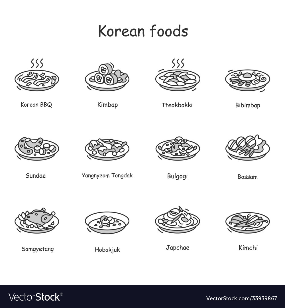 Korean food icons set traditional dishes vector image