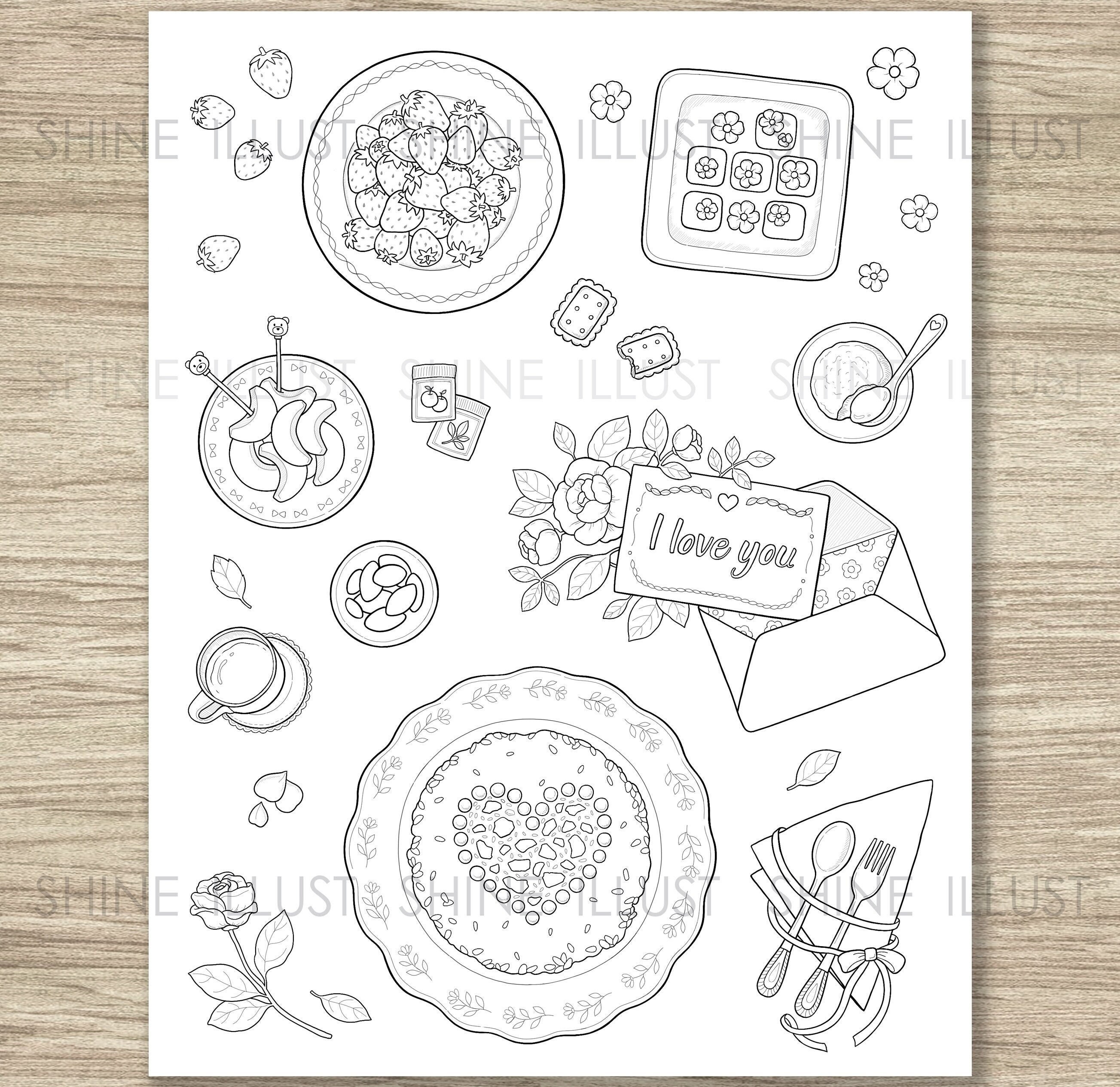 Printable coloring page food coloring pages fruit cookie letter tea coloring sheet digital download