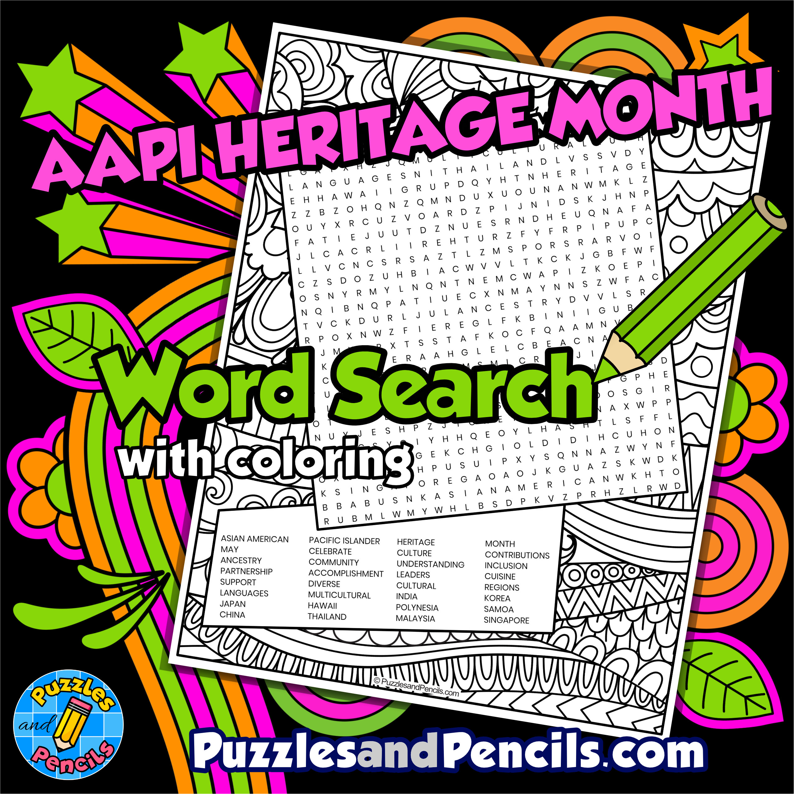Aapi heritage month word search puzzle activity page with coloring wordsearch made by teachers