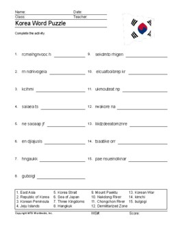Korea word search worksheet and printable vocabulary puzzles by lesson machine