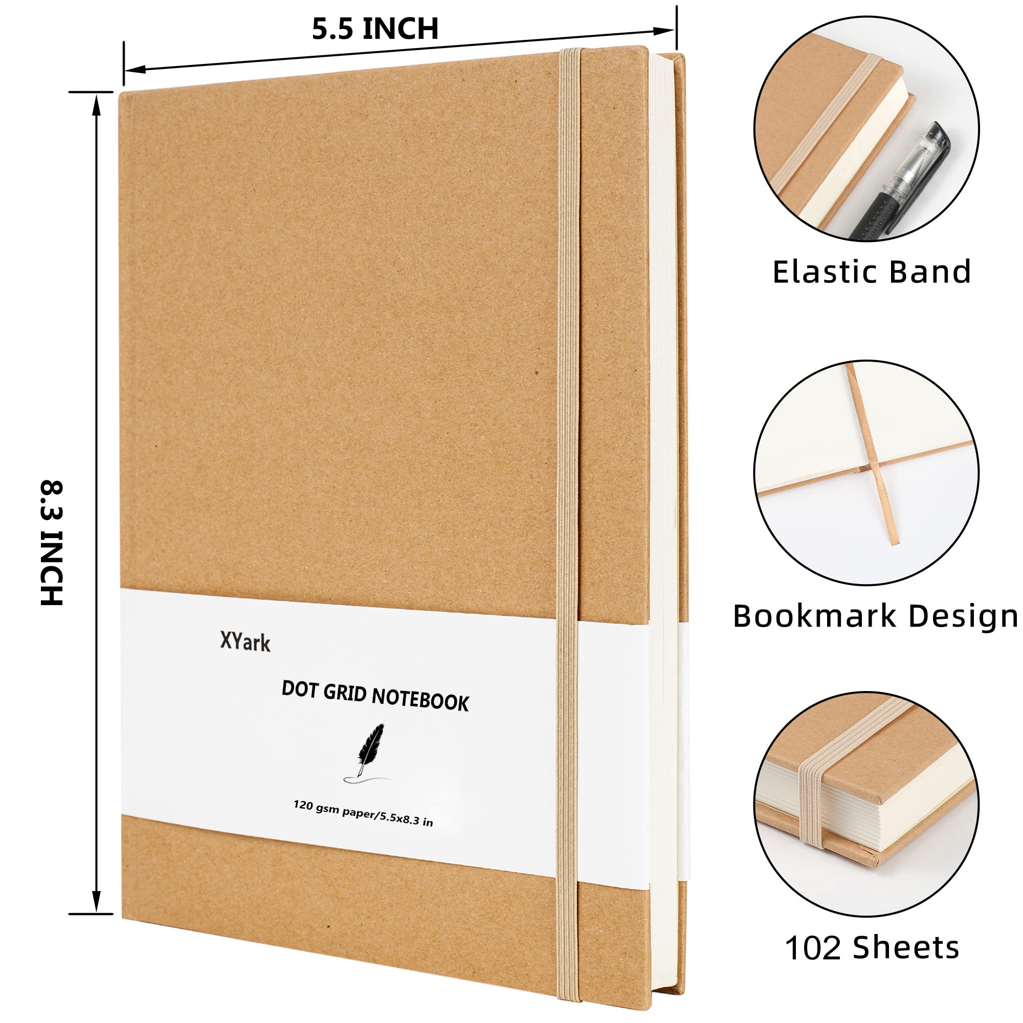 Xyark a dot grid kraft notebook journals hardcover subject sketchbook position notebooks with dotted grid paper pack gsm sheets x inch travel journal set office products