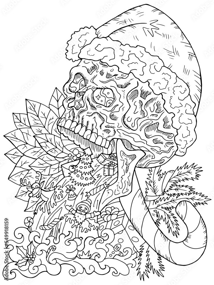 Scary vector illustration with skull in santa claus hat and christmas and new year symbols