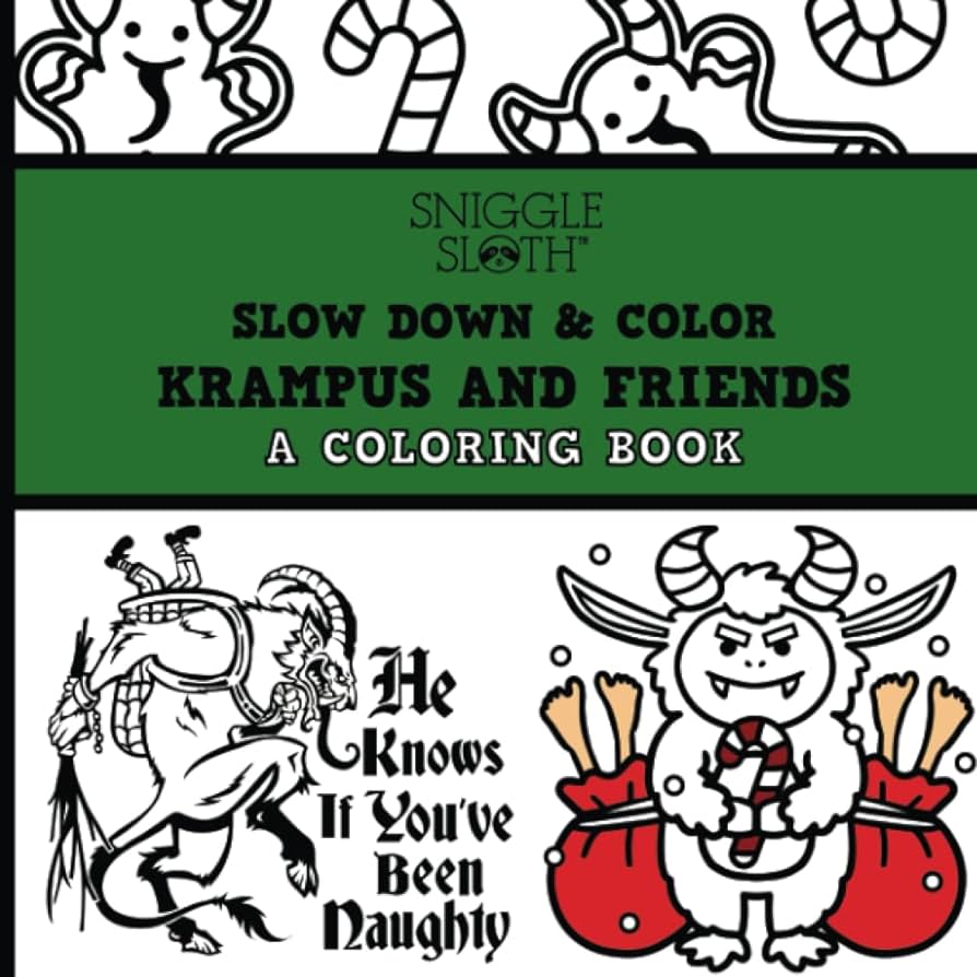 Krampus and friends a loring book pages full of krampus yule cat abominable snowman and more slow down lor sloth sniggle books