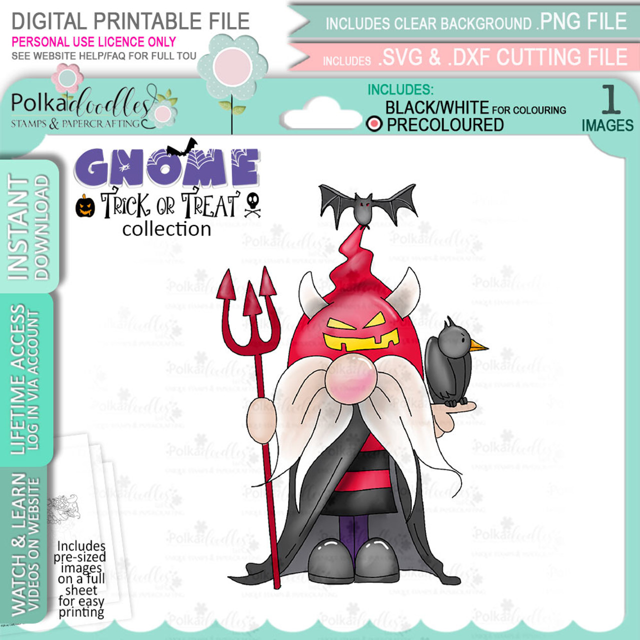 Batty devil halloween gnome digital stamp