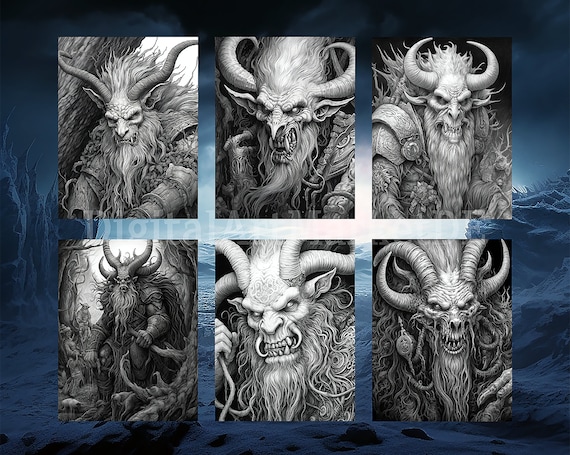 Krampus coloring pages for adults instant download grayscale coloring page printable pngjpeg color grading horror themed mystic art