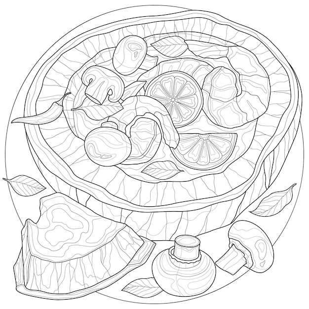 Zupa krewetkowa z grzybami i cytrynä w kokosie kolorowanka antystresowa dla dzieci i dorosåych ilustracja na biaåym tle styl zen ä tanina czarno