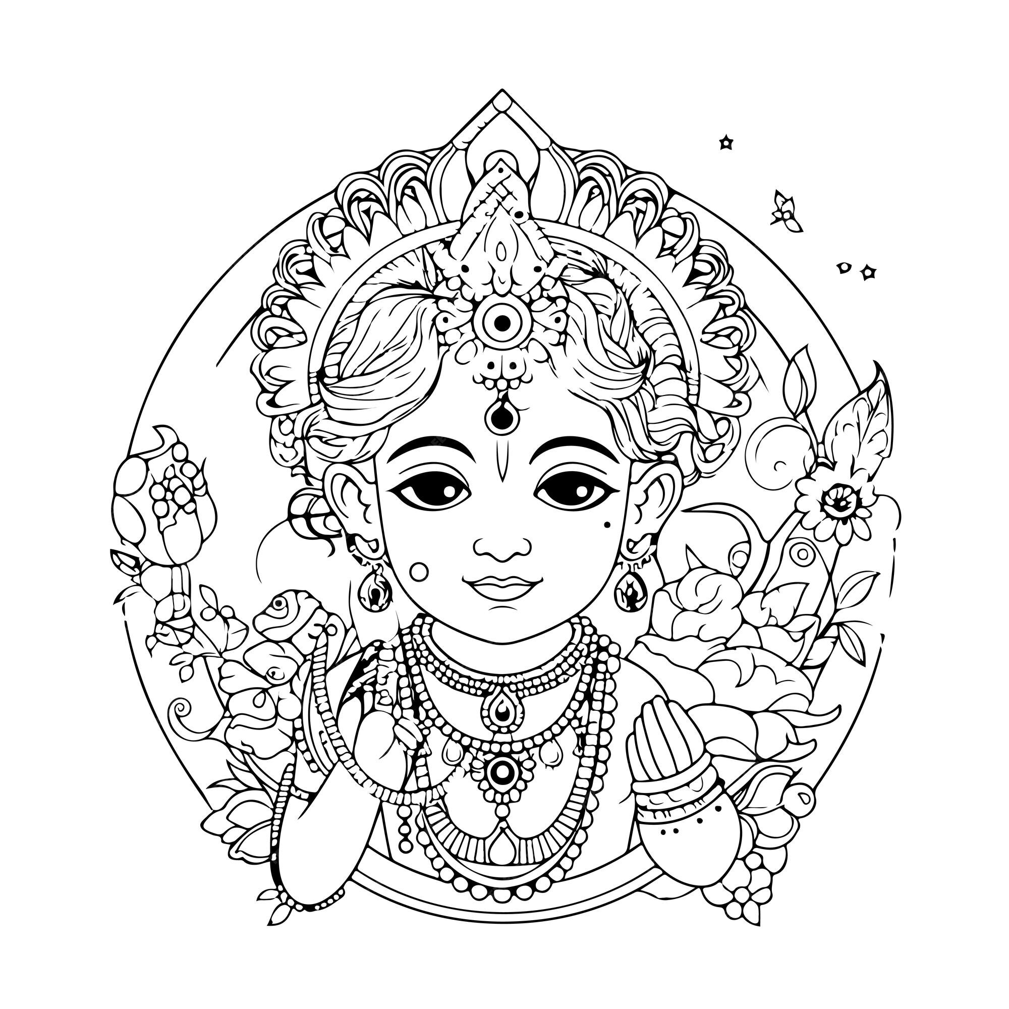 Premium vector sketch hand drawn single line art coloring page line drawing krishna janmashtami day