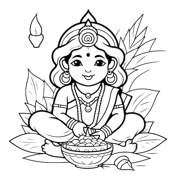 Premium vector coloring page line drawing krishna janmashtami day