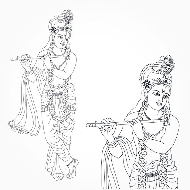 Premium vector goddess krishna playing flute beautiful lineart coloring pages