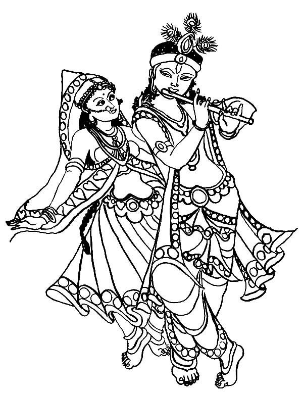 Krishna play his flute while radha is dancing coloring pages