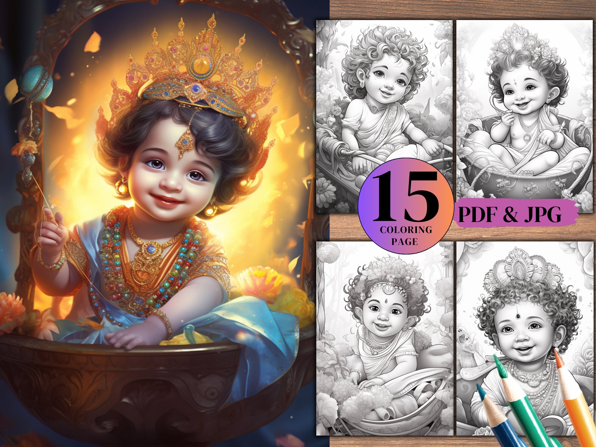 Baby krishna coloring page printable digital download pdf jpe files