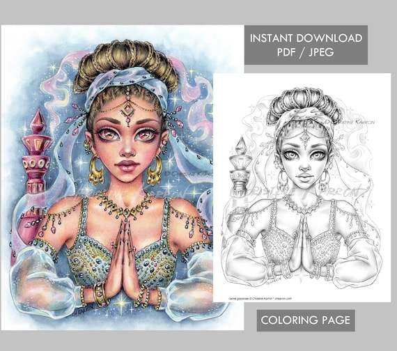 Buy genie in a bottle coloring page grayscale magical spirit illustration instant download printable file jpeg and pdf christine karron online in india