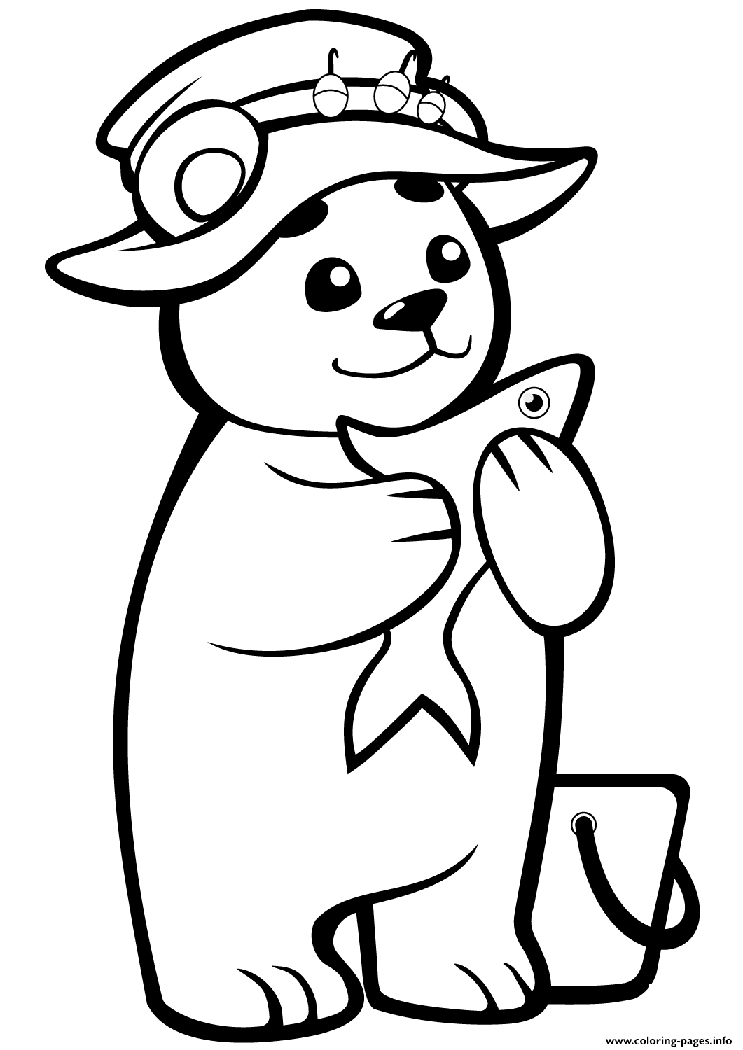 Cute baby bear with fish coloring page printable