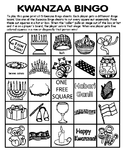 Kwanzaa bingo board no activity sheet