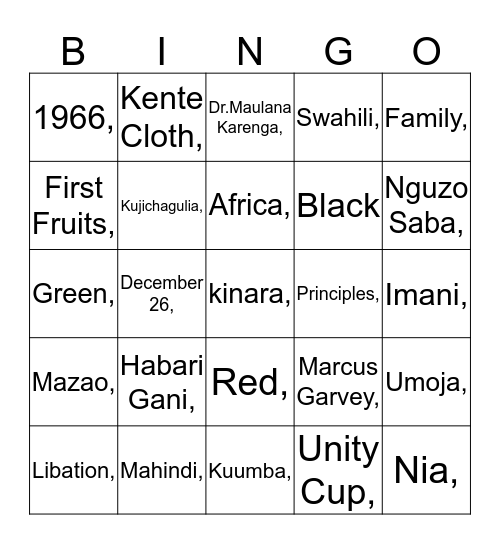 Kwanzaa bingo card