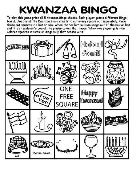Kwanzaa bingo board no activity sheet