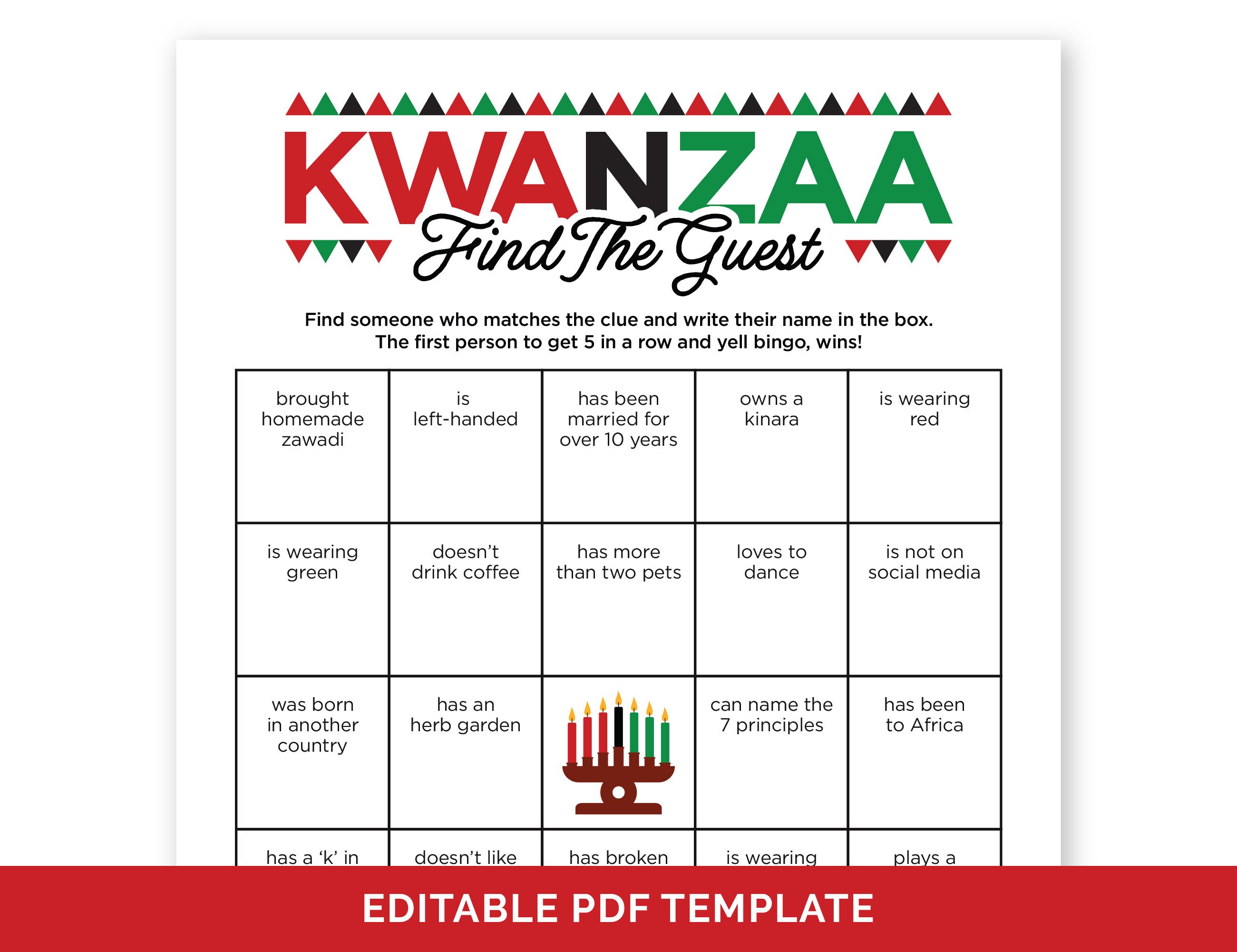 Editable kwanzaa find the guest bingo game printable kwanzaa party mix and mingle bingo find someone who human bingo for adults and kids instant download