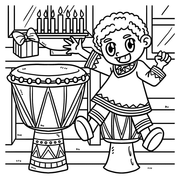 Premium vector kwanzaa child playing djembe coloring page