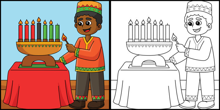 Kwanzaa boy lighting kinara coloring illustration vector