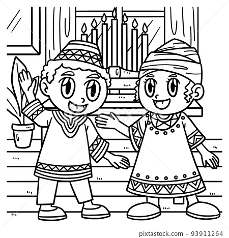 Kwanzaa children and kinara coloring page for kids