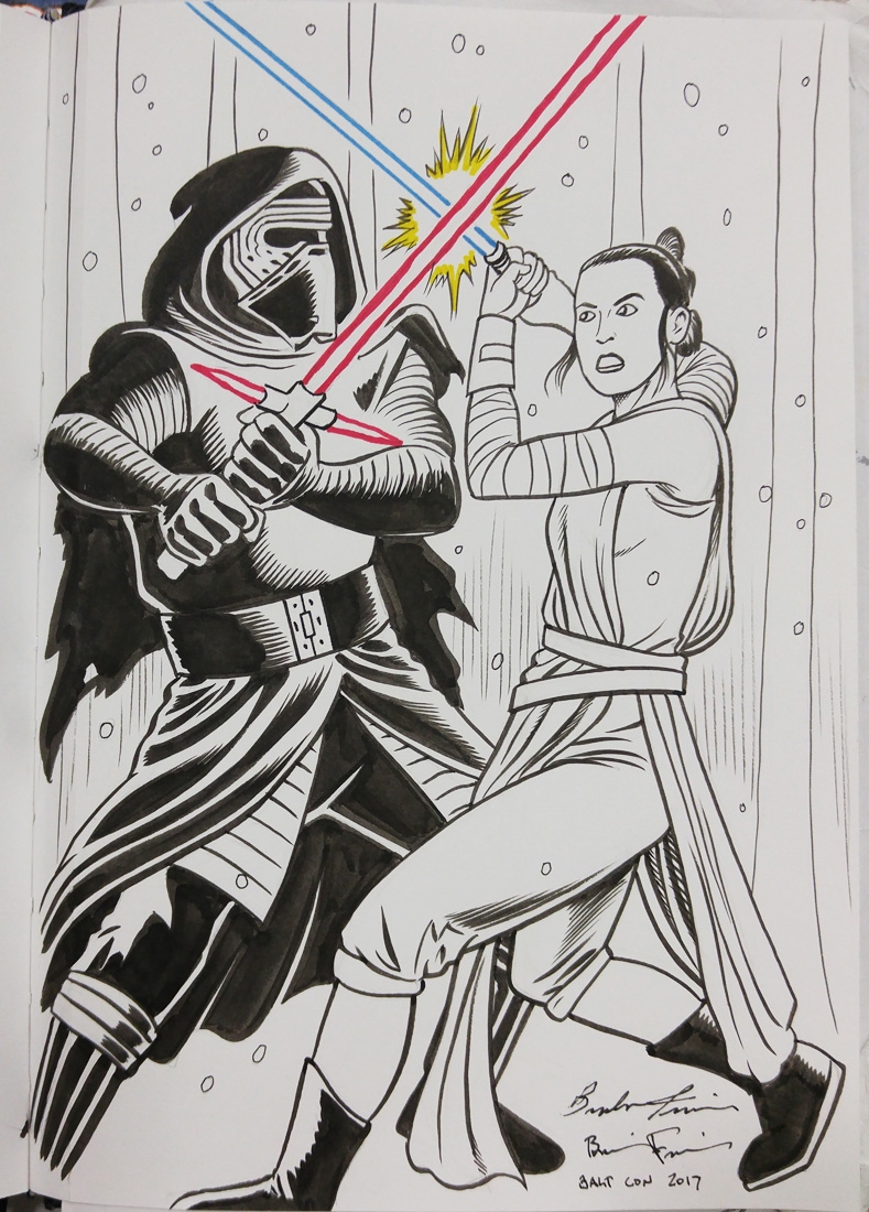Rey vs kylo ren from star wars in brendon and brian fraims baltimore ic con sketches ic art gallery room