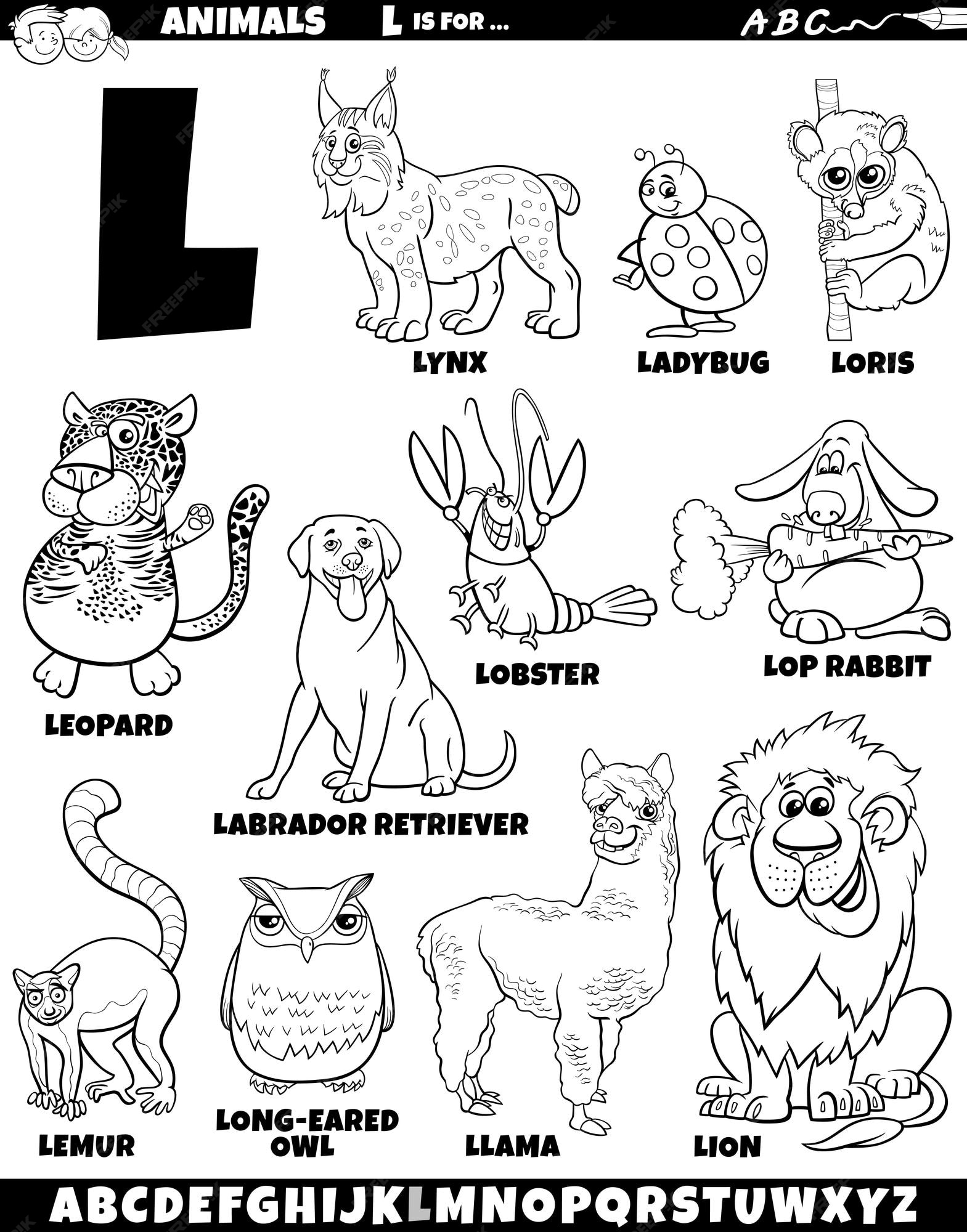Premium vector cartoon illustration of animal characters set for letter l coloring page