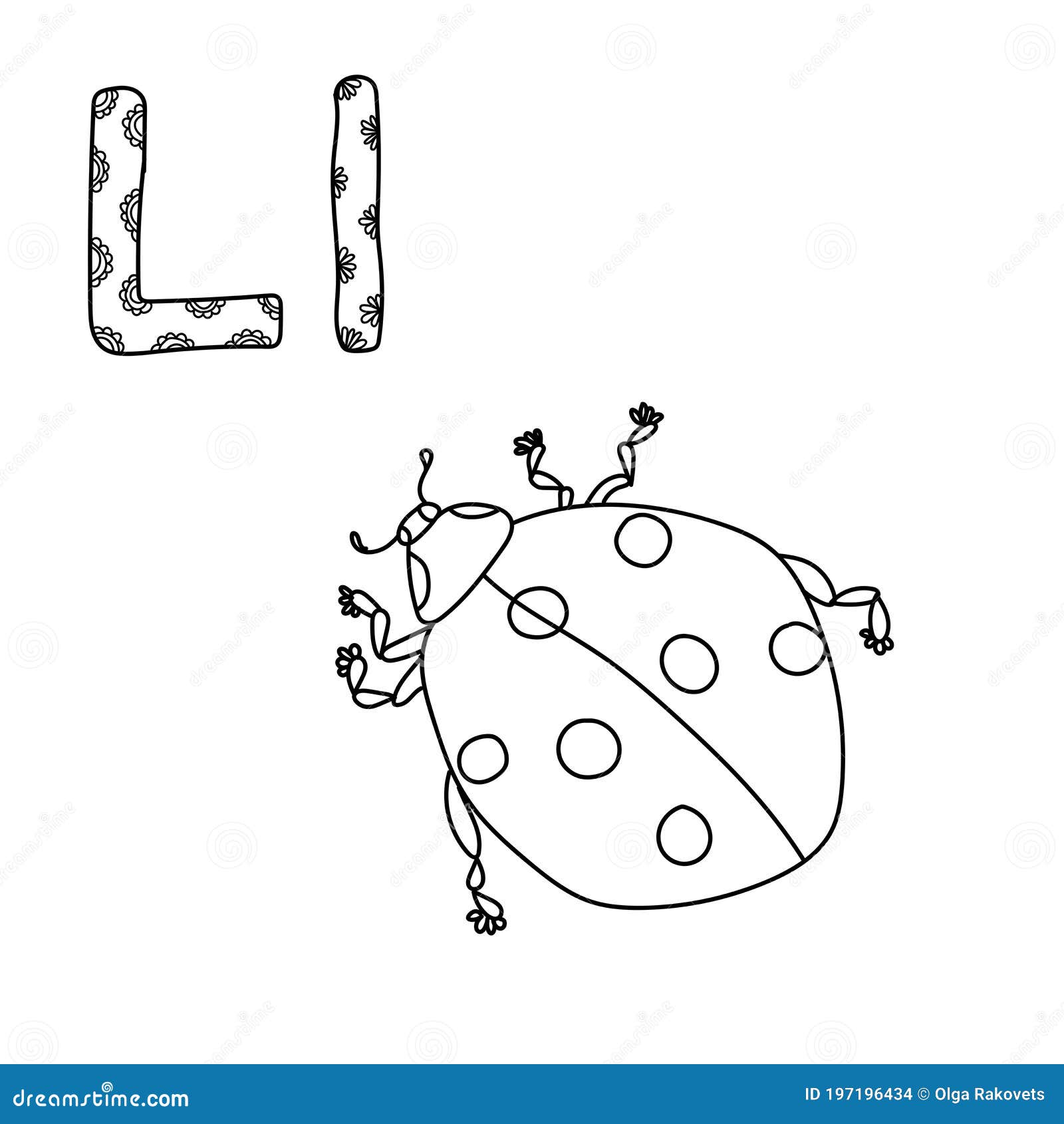 Coloring page for study letter l outline illustration of ladybug and volumetric letters with patterns stock vector