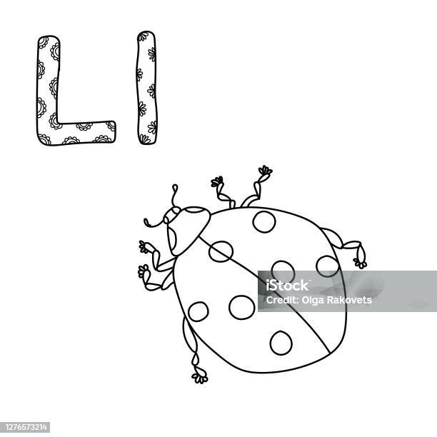 Coloring page for study letter l outline illustration of ladybug and volumetric letters with patterns stock illustration